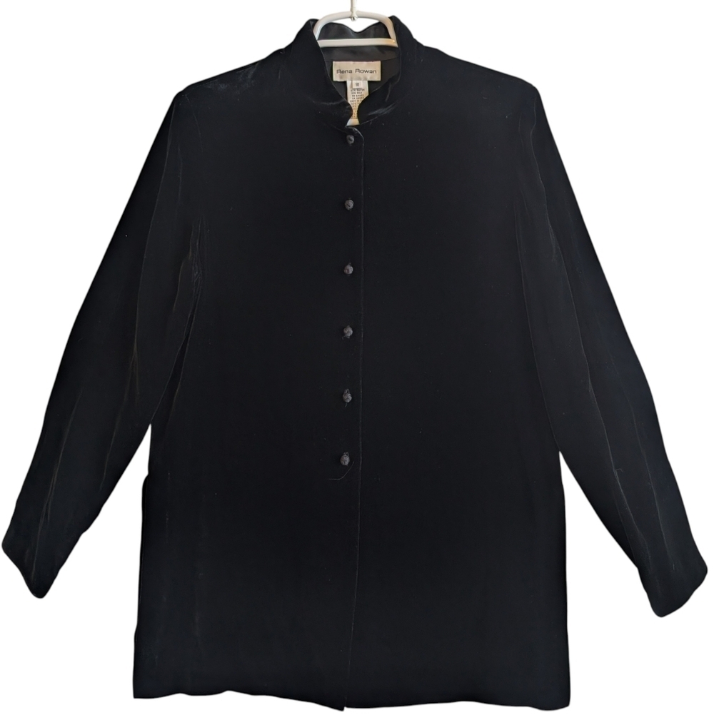 Rena Rowan Black Velvet Button Down Blouse Jacket High Collar Sz 10 Goth Witchy